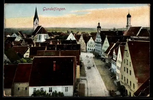 AK Gundelfingen, Stadtansicht mit Kirche und Hauptstrasse