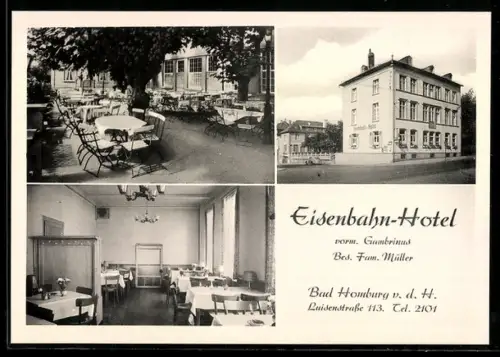 AK Bad Homburg, Eisenbahn-Hotel in der Luisenstrasse 113, Innen- u.Aussenansicht, 3 Ansichten