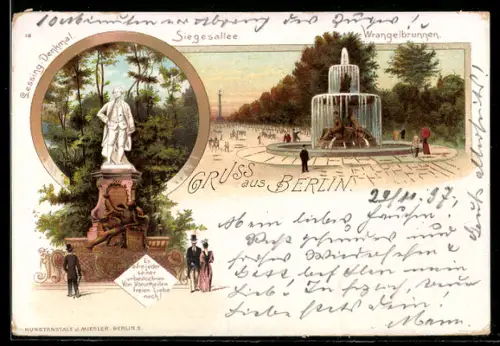 Lithographie Berlin-Tiergarten, Siegesallee, Lessing-Denkmal, Wrangelbrunnen