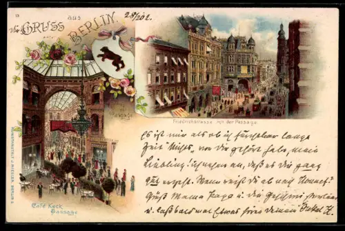 Lithographie Berlin, Friedrichstrasse mit Passage, Café Keck, Inneres der Passage