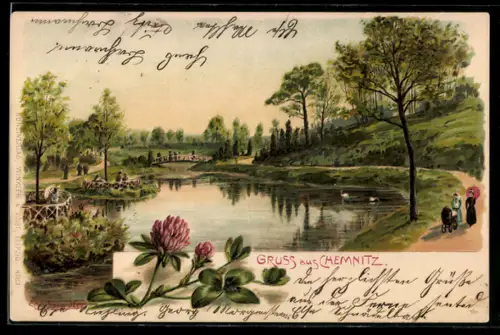 AK Chemnitz, Partie im Park mit Brücke und Ruhepunkten