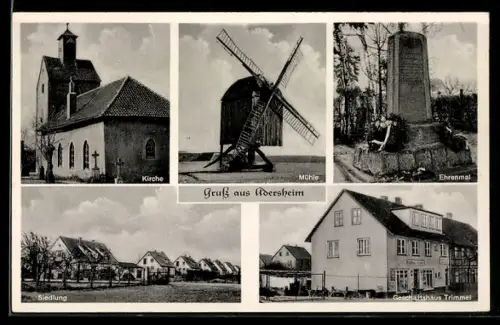AK Adersheim, Geschäftshaus Trimmel, Kirche, Windmühle