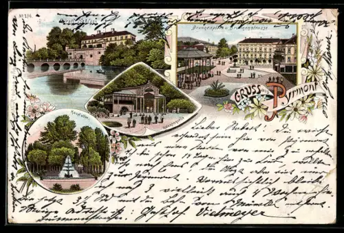 Lithographie Pyrmont, Hauptallee, Helenenquelle, Brunnenplatz u. Brunnenstrasse