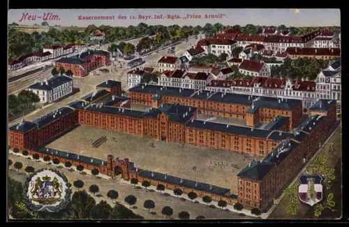 Künstler-AK Neu-Ulm, Kasernement des 12. Bayrischen Infanterie-Regiments Prinz Arnulf
