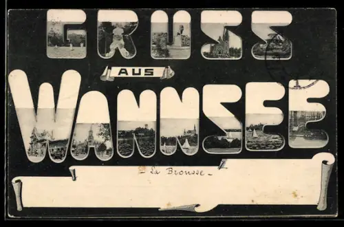 AK Berlin-Wannsee, Kirche, Löwen-Standbild, Seepartie