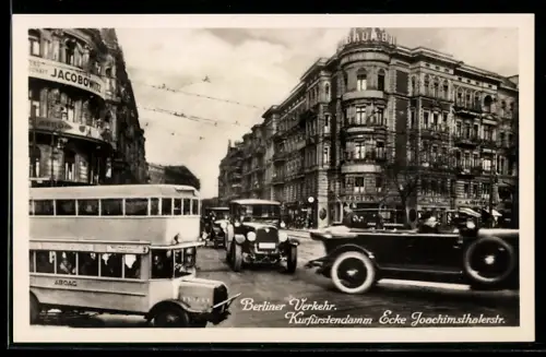 AK Berlin-Charlottenburg, Berliner Verkehr, Kurfürstendamm Ecke Joachimsthalerstrasse mit Geschäften