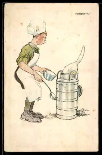 Künstler-AK Koch entdeckt eine Katze, die aus der Milchkanne trinkt