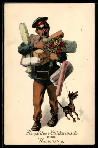 AK Bote mit den Armen voller Pakete