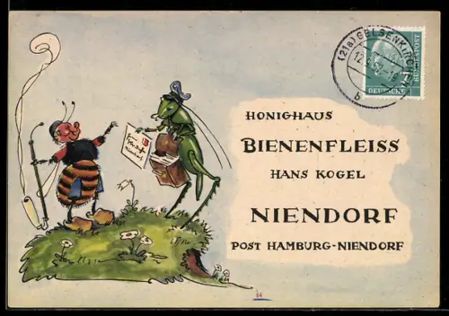 AK Vermenschlichte Biene erhält von Grashüpfer-Postboten einen Brief