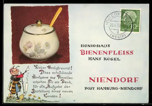 AK Niendorf, Honighaus Bienenfleiss, Hans Kogel, Honigdose aus Porzellan, Blau
