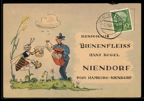 AK Reklame für Imkerei Honighaus Bienenfleiss Hans Kogel aus Niendorf, Post für die Biene