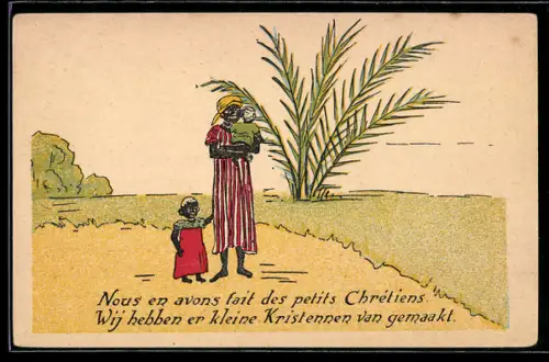AK Mutter mit zwei Kindern vor einer Palme stehend, Christliche Mission