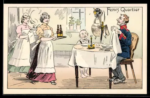 AK Zwei Dienstmädchen bringen einem Soldaten sein Essen