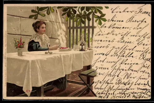 Lithographie Dienstmädchen an einem Tisch sitzend