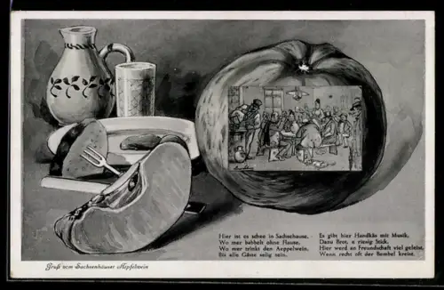 AK Apfelpassepartout mit Szene aus einem Gasthaus, Sachsenhäuser Apfelwein