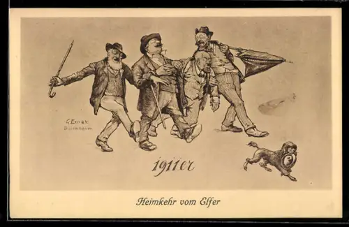 Künstler-AK Alte 1911er nach dem Genuss einer grossen Menge Pfälzer Weines