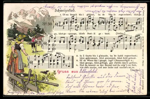 AK Lied Schweizerlied mit Text und Musiknoten, Wanderer vor den Bergen