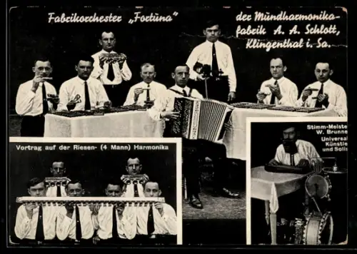 AK Klingenthal i. Sa., Fabrikorchester Fortuna der Mundharmonikafabrik A. A. Schlott, Vortrag auf der Riesen-Harmonika