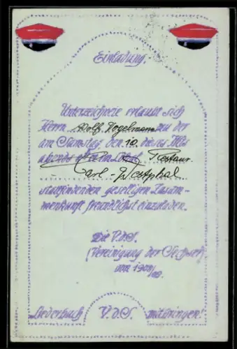 AK Einladung zur Zusammenkunft der Vereinigung der Sechser, Schirmmütze