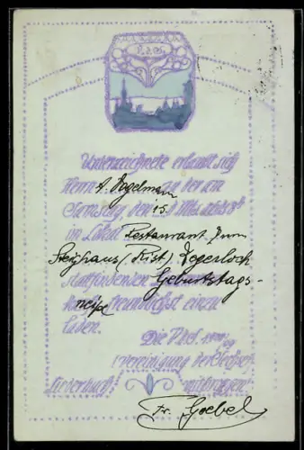 AK Einladung zur Zusammenkunft der Vereinigung der Sechser, Stadtsilhouette