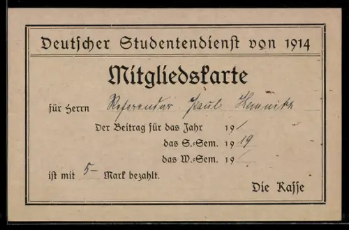 AK Mitgliedskarte, Deutscher Studentendienst von 1914, studentische Szene