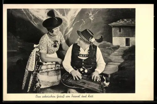 AK Oberbayr. Stimmungs-Duo d'Wendelstoana, Oan sakrischen Gruss von Franzl und Kati, Trachtenkapelle mit Zither