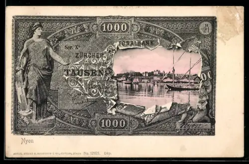 AK Nyon, Teilansicht des Ortes in einem Geldschein