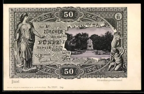 AK Zürich, Strassburgerdenkmal auf 50 Franken-Banknote