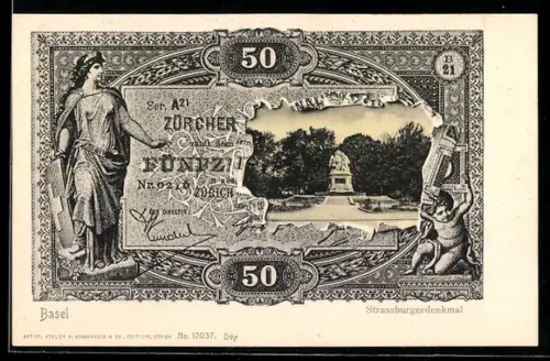 AK Zürich, Strassburgerdenkmal auf 50 Franken-Banknote