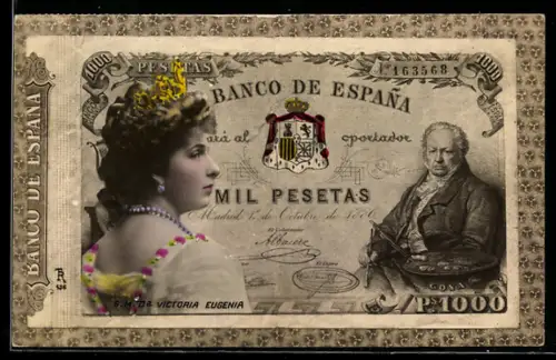 AK Spanischer Geldschein, 1000 Pesetas, Porträt einer Dame im Profil