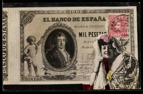 AK Spanischer Geldschein, 1000 Pesetas, Elegante Dame mit Schleier