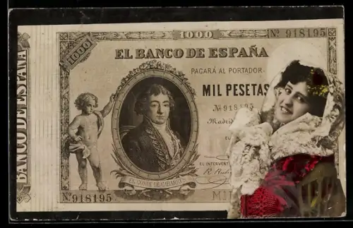 AK Spanischer Geldschein, 1000 Pesetas, Porträt einer Dame