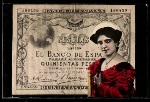 AK Spanischer Geldschein, 500 Pesetas, Porträt einer Dame in rotem Kleid