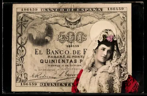 AK Spanischer Geldschein, 500 Pesetas, Porträt einer Dame mit Schleier