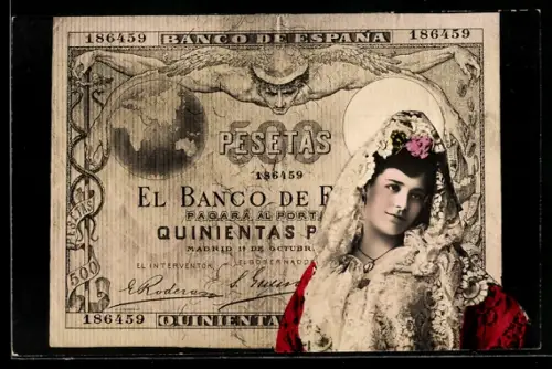 AK Spanischer Geldschein, 500 Pesetas, Porträt einer eleganten Dame mit Schleier
