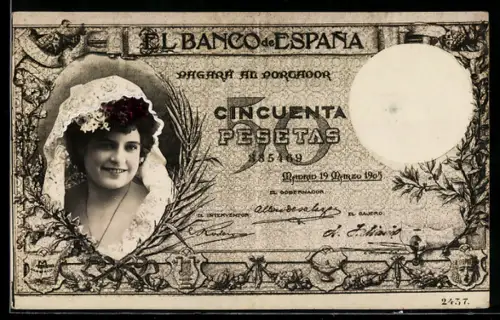 AK Spanischer Geldschein, 50 Pesetas, Elegante Dame mit Schleier