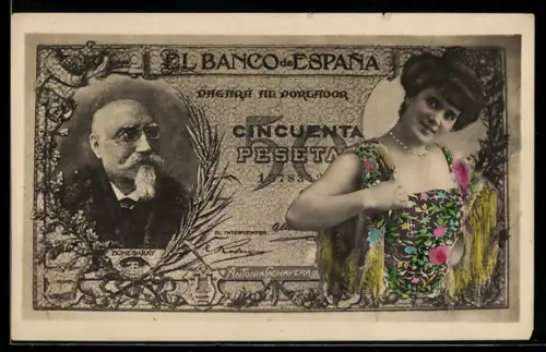 AK Spanischer Geldschein, 50 Pesetas, Porträt einer eleganten Dame mit Perlenkette