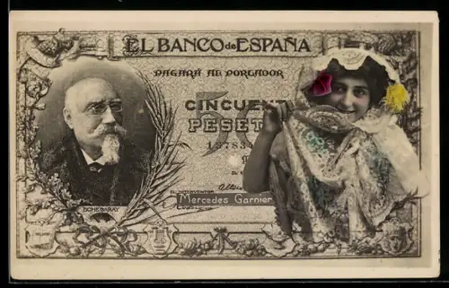 AK Spanischer Geldschein, 50 Pesetas, Lächelnde junge Dame im Porträt