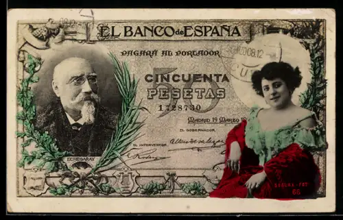 AK Spanischer Geldschein, 50 Pesetas, Dame in eleganter Kleidung