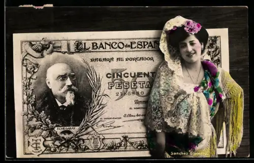 AK Spanischer Geldschein, 50 Pesetas, Porträt einer lächelnden jungen Dame