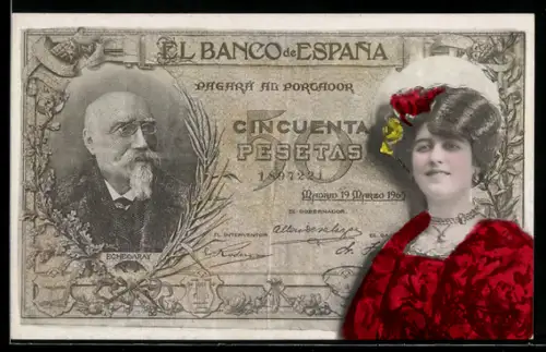 AK Spanischer Geldschein, 50 Pesetas, Porträt einer Dame mit Blumen im Haar