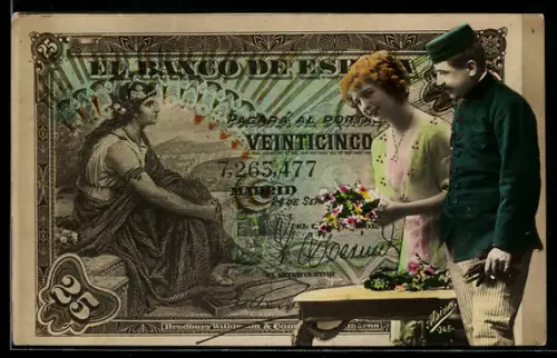 AK Spanischer Geldschein, 25 Pesetas, Dame und Soldat mit Blumenstrauss