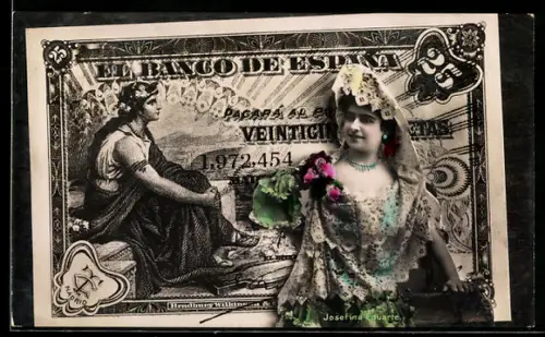 AK Spanischer Geldschein, 25 Pesetas, Elegante junge Dame mit Schleier