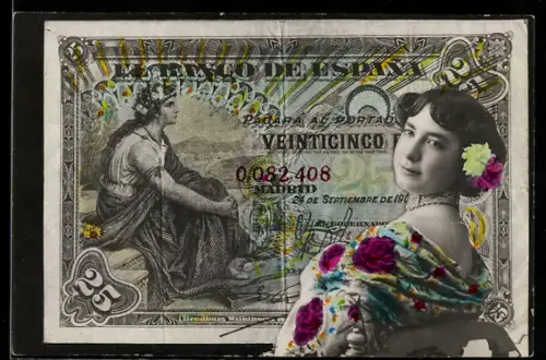 AK Spanischer Geldschein, 25 Pesetas, Elegante junge Dame im Porträt