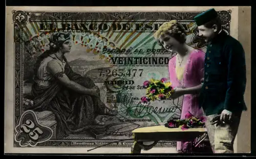 AK Spanischer Geldschein, 25 Pesetas, Soldat und junge Dame im Porträt