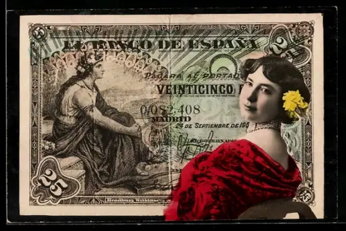 AK Spanischer Geldschein, 25 Pesetas, Elegante Dame mit Blume im Haar