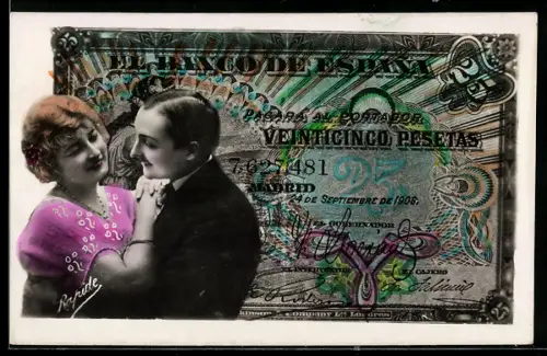 AK Spanischer Geldschein, 25 Pesetas, junges Paar schaut sich liebevoll in die Augen