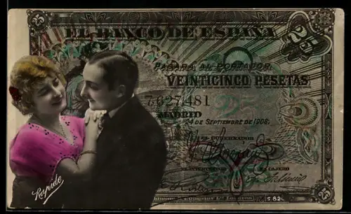 AK Spanischer Geldschein, 25 Pesetas, Junges Paar in inniger Umarmung