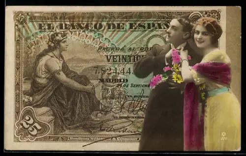 AK Spanischer Geldschein, 25 Pesetas, Junges Paar mit Blumen