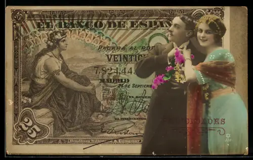 AK Spanischer Geldschein, 25 Pesetas, Elegantes junges Paar im Porträt